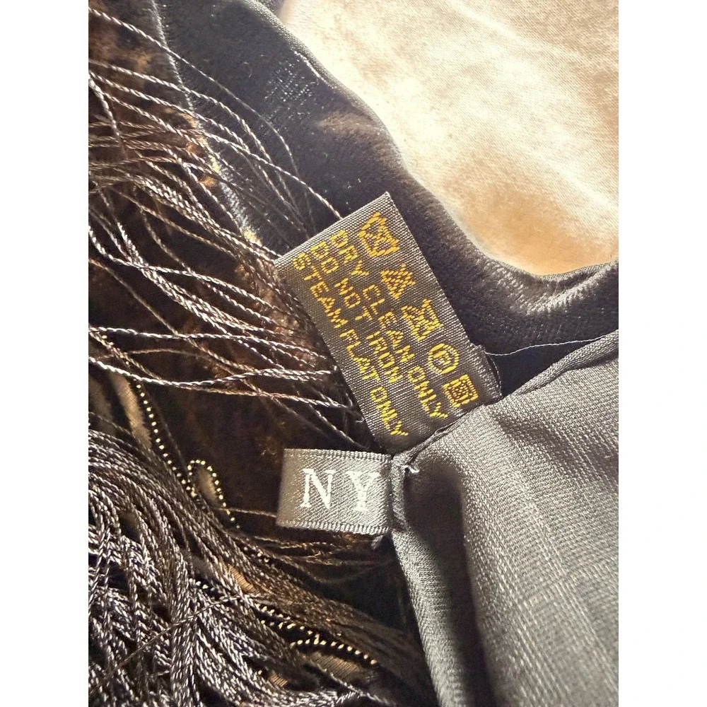 Vintage J & NY Viscose And Silk Black Brown Embroidered Scarf Fringe 64